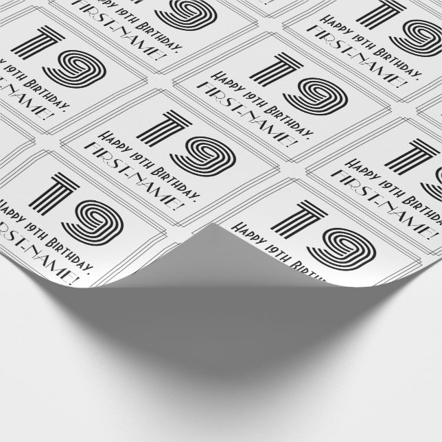 19th Birthday: Art Deco Inspired Style "19" + Name Wrapping Paper (Corner)