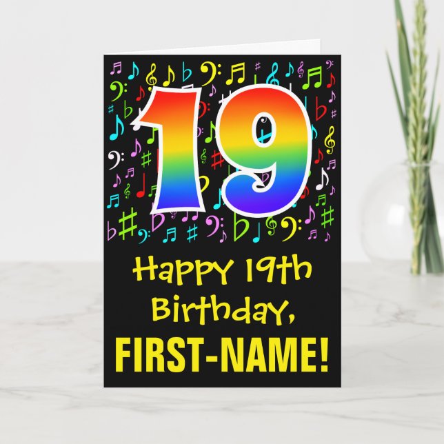 19th Birthday: Colorful Music Symbols + Rainbow 19 Card (Front)