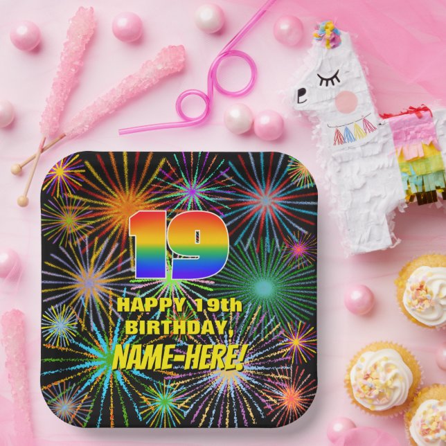 19th Birthday: Colourful, Fun Celebratory Firework Paper Plate (Party)