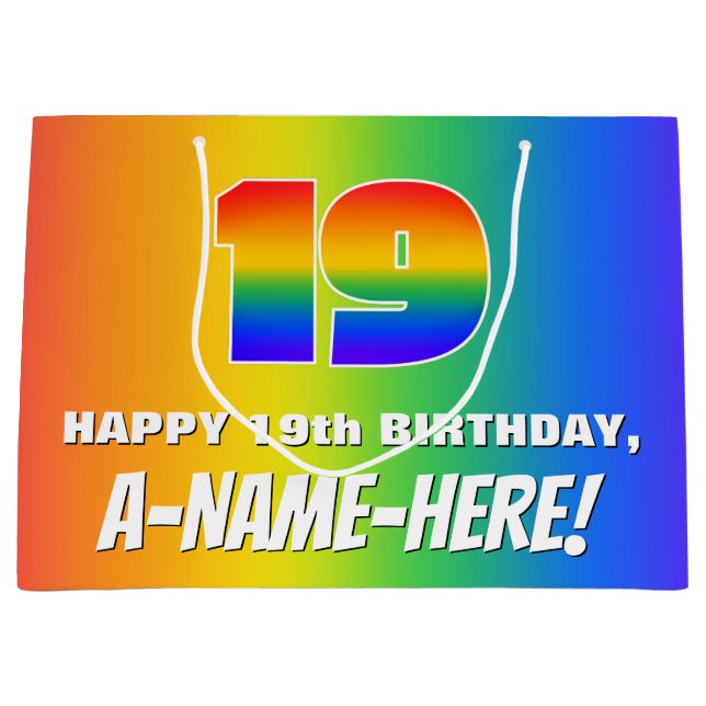 19th Birthday: Colourful, Fun Rainbow Pattern # 19 Large Gift Bag (Front)