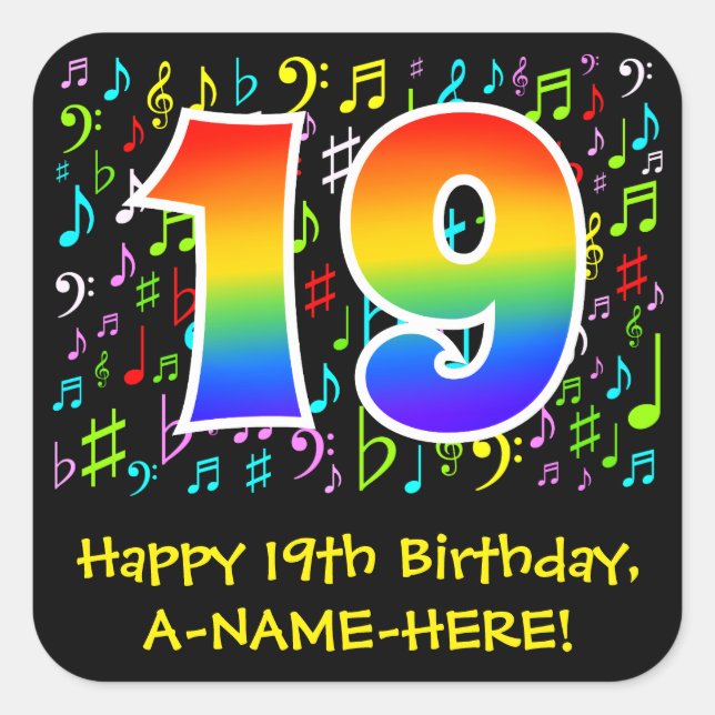 19th Birthday: Colourful Music Symbols, Rainbow 19 Square Sticker (Front)