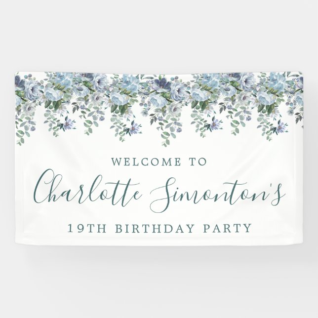 19th Birthday Dusty Blue Floral Welcome Banner (Horizontal)