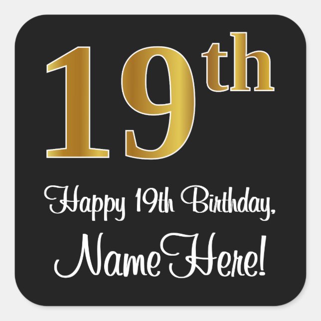 19th Birthday – Elegant Luxurious Faux Gold Look # Square Sticker (Front)