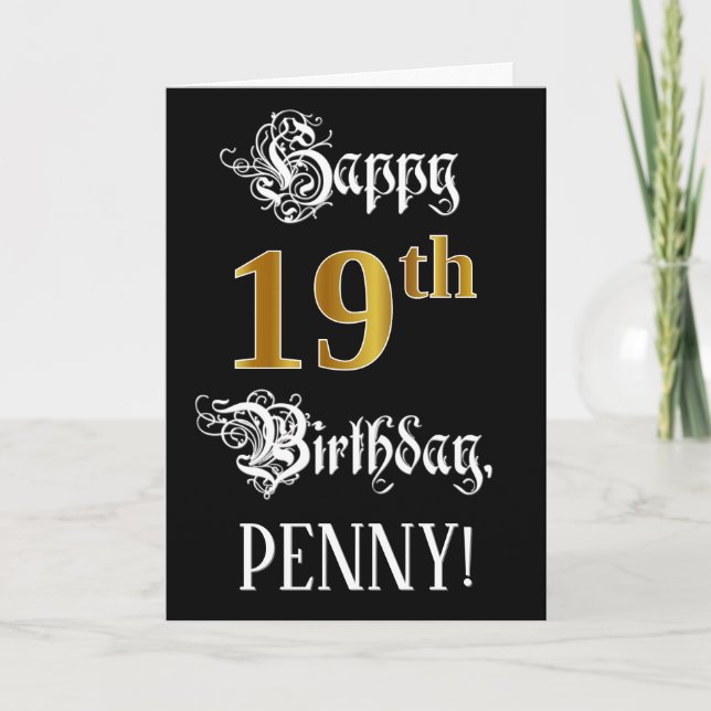 19th Birthday — Fancy Script; Faux Gold Look; Name Card (Front)