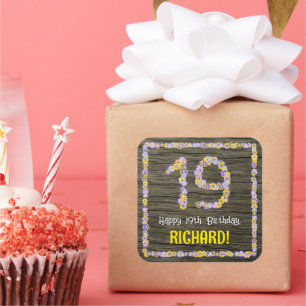 19th Birthday: Floral Number, Faux Wood Look, Name Square Sticker