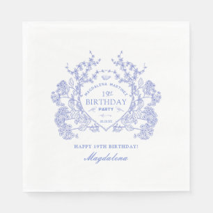 19TH Birthday French Blue Floral Crest Custom Napkin