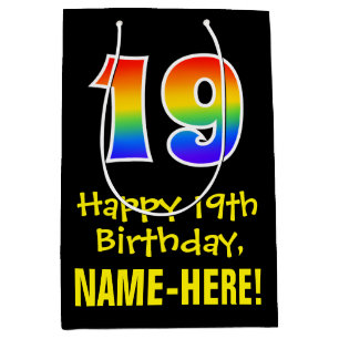 19th Birthday: Fun, Bold, Colourful, Rainbow "19" Medium Gift Bag