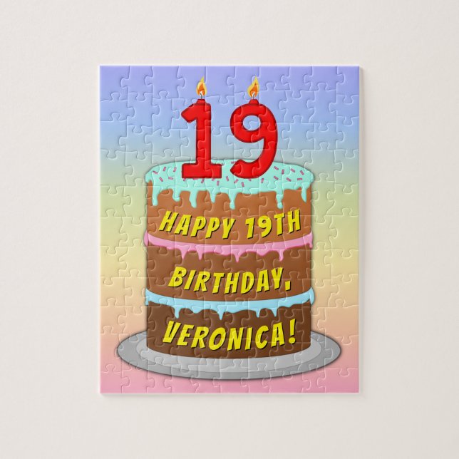 19th Birthday: Fun Cake and Candles + Custom Name Jigsaw Puzzle (Vertical)