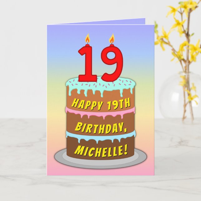 19th Birthday — Fun Cake & Candles, w/ Custom Name Card (Yellow Flower)