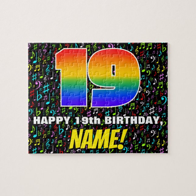 19th Birthday — Fun, Colourful Music Symbols & “19 Jigsaw Puzzle (Horizontal)