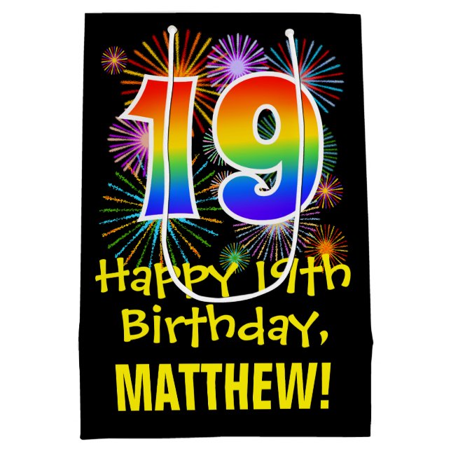 19th Birthday: Fun Fireworks Pattern + Rainbow 19 Medium Gift Bag (Back)