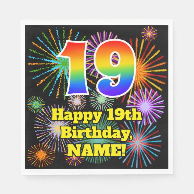 19th Birthday: Fun Fireworks Pattern + Rainbow 19 Napkin (Front)