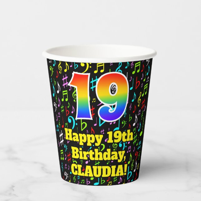 19th Birthday: Fun Music Notes Pattern, Rainbow 19 Paper Cups (Front)
