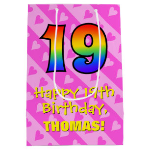 19th Birthday: Fun Pink Hearts Stripes; Rainbow 19 Medium Gift Bag