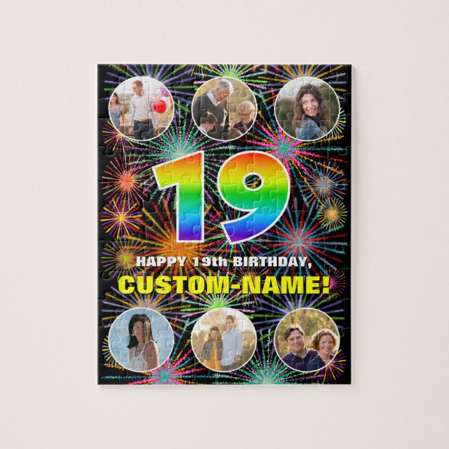 19th Birthday: Fun Rainbow #, Custom Name + Photos Jigsaw Puzzle (Vertical)