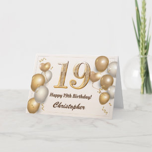 19th Birthday Gold Balloons and Confetti Birthday Card