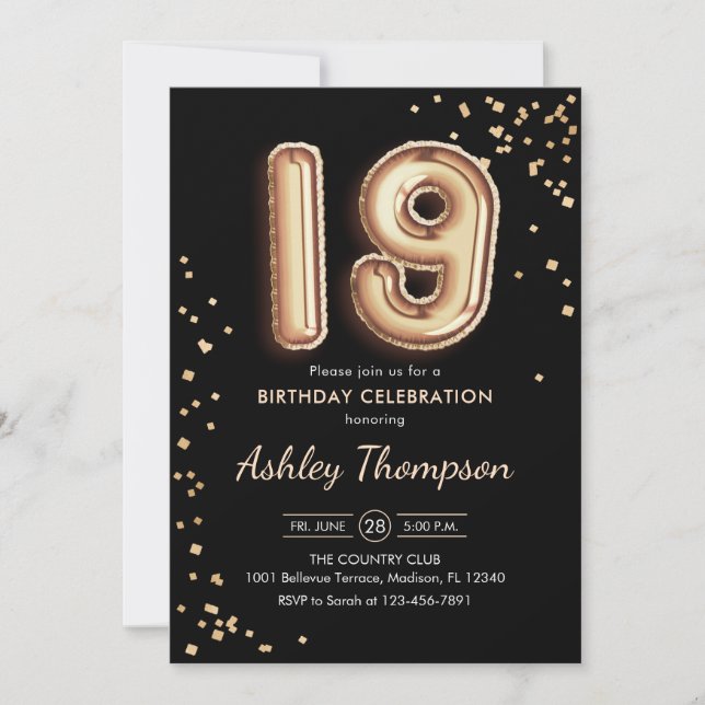 19th Birthday - Gold Balloons Black Invitation (Front)