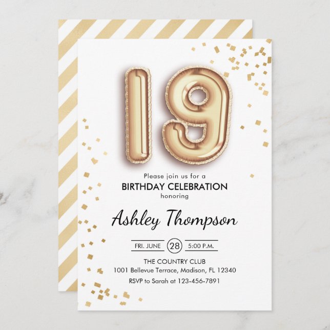 19th Birthday - Gold Balloons Invitation (Front/Back)