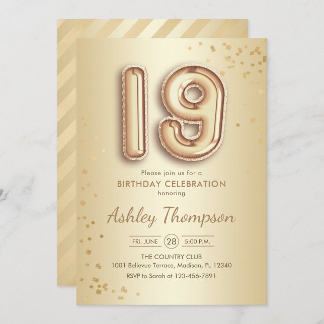 19th Birthday - Gold Balloons Invitation (Front/Back)