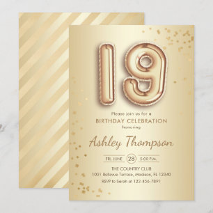 19th Birthday - Gold Balloons Invitation