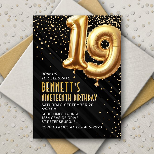 19th Birthday Gold Black Invitation (Creator Uploaded)