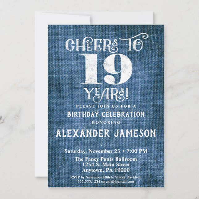 19th Birthday Invitation Blue Linen Rustic Cheers (Front)