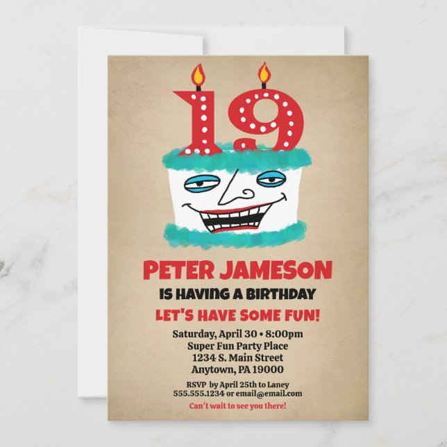 19th Birthday Invitation Funny Cake Casual Mens (Front)