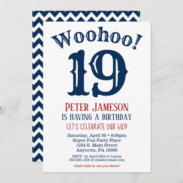 19th Birthday Invitation Mens Navy Blue (Front/Back)