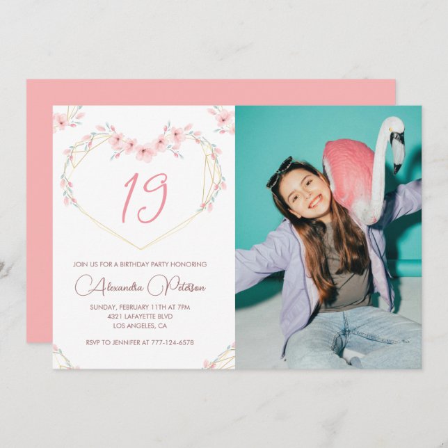 19th birthday invitations Boho Floral Photo (Front/Back)