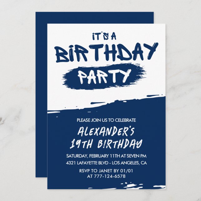 19th birthday invitations Men Graffiti Navy Blue (Front/Back)