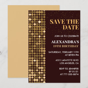 19th birthday invitations Save the date Gold