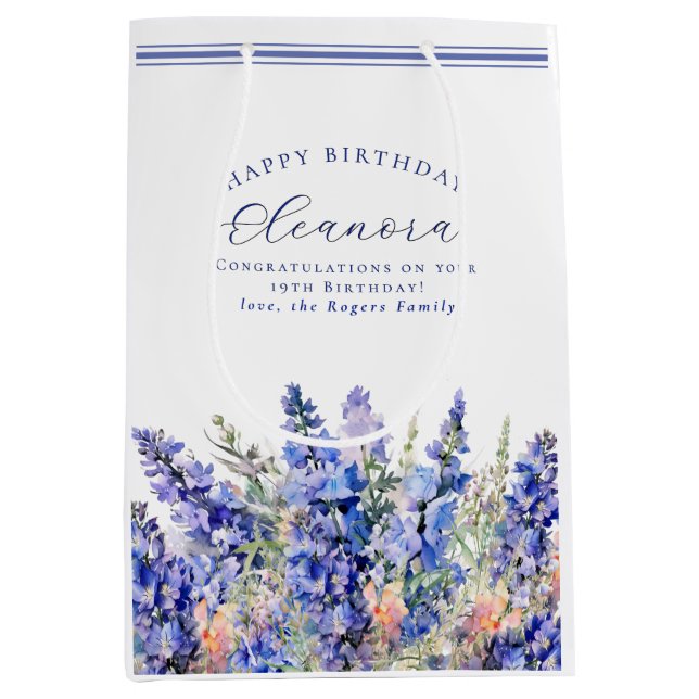 19th Birthday July Birth Month Flower Blue Medium Gift Bag (Front)