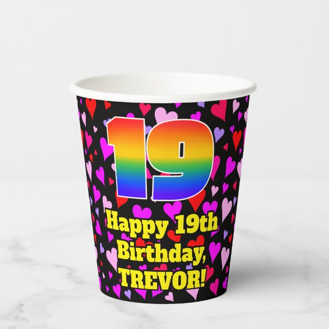 19th Birthday: Loving Hearts Pattern, Rainbow 19 Paper Cups (Front)