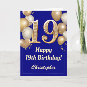 19th Birthday Navy Blue and Gold Balloons Confetti Card