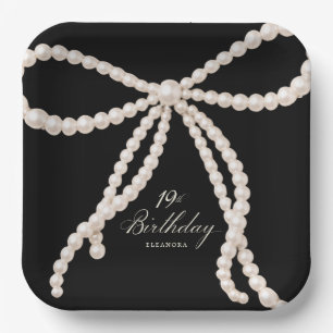 19th Birthday Party Black White Pearl Bow Elegant Paper Plate