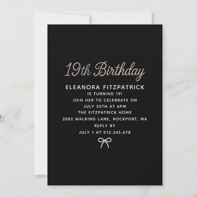 19th Birthday Party Black White Pearl Script Bow Invitation (Front)