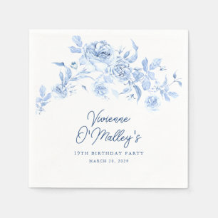 19th Birthday Party Blue Rose Floral Custom Napkin