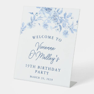 19th Birthday Party Blue Rose Floral Welcome Pedestal Sign