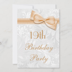 19th Birthday Party Damask and Faux Bow Invitation