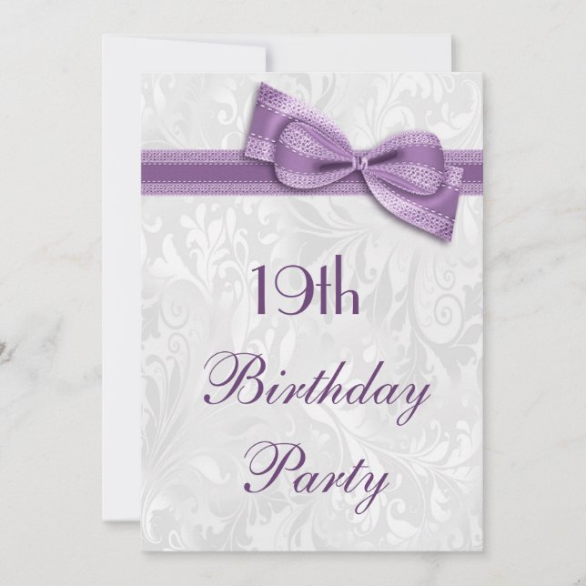 19th Birthday Party Damask and Faux Bow Invitation (Front)
