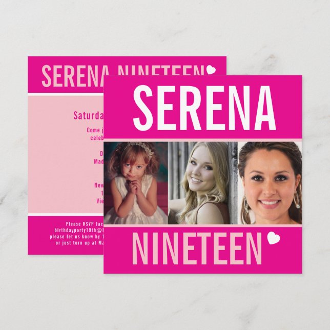 19th birthday party event celebration photo pink invitation (Front/Back)