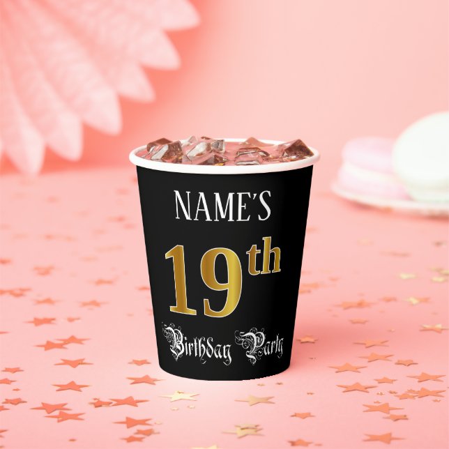 19th Birthday Party — Fancy Script, Faux Gold Look Paper Cups (Insitu)