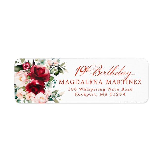 19th Birthday Party Floral Return Address Label (Front)