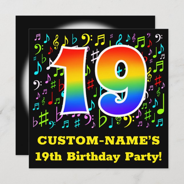 19th Birthday Party: Fun Music Symbols, Rainbow 19 Invitation (Front/Back)
