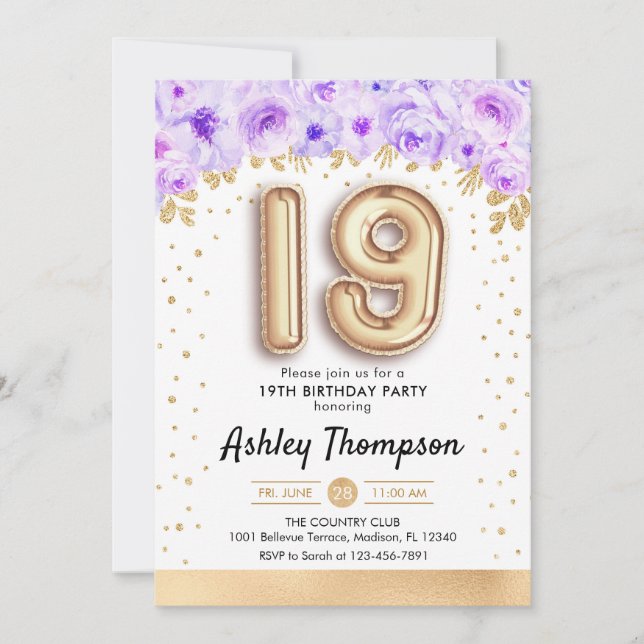 19th Birthday Party - Gold Balloons Purple Invitation (Front)