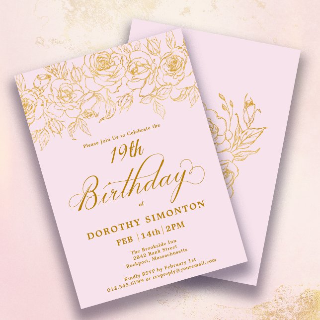 19th Birthday Party Gold Rose Floral Blush Pink Invitation (Creator Uploaded)