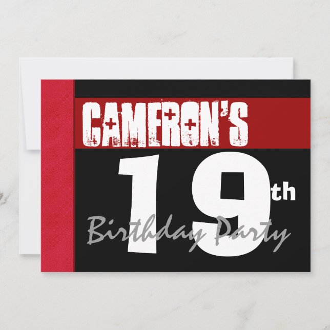 19th Birthday Party Modern Red Black and White Invitation (Front)