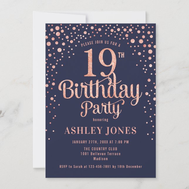 19th Birthday Party - Navy & Rose Gold Invitation (Front)