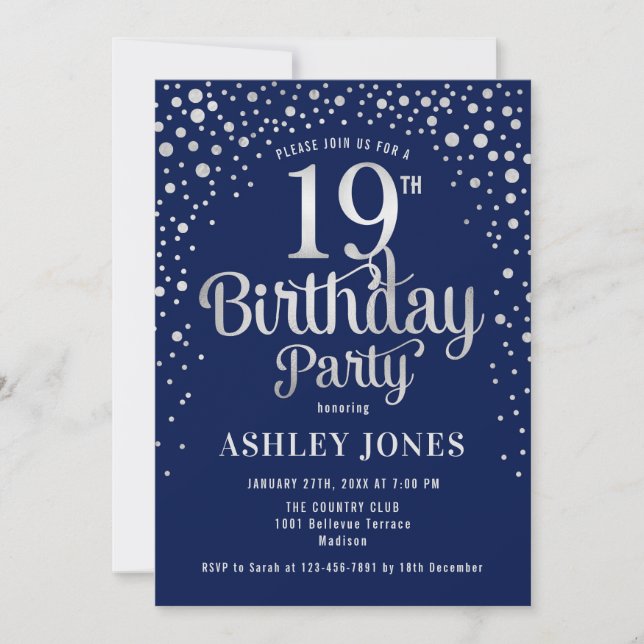 19th Birthday Party - Navy & Silver Invitation (Front)