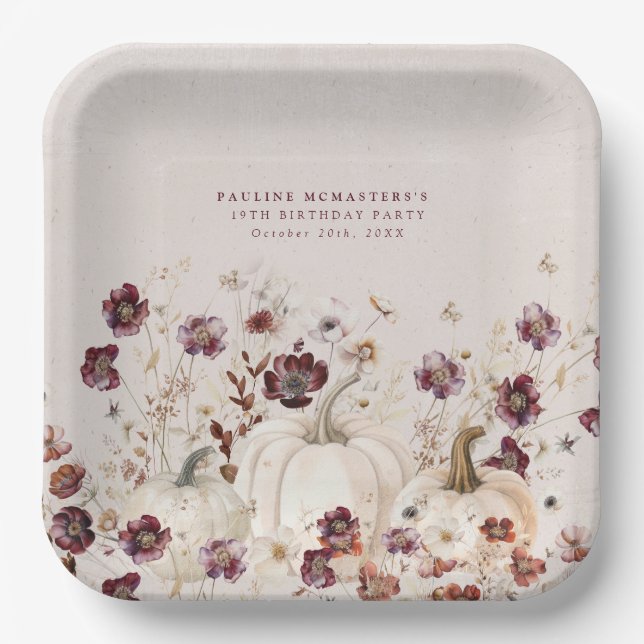 19th Birthday Party Pumpkin Wildflower Custom Paper Plate (Front)